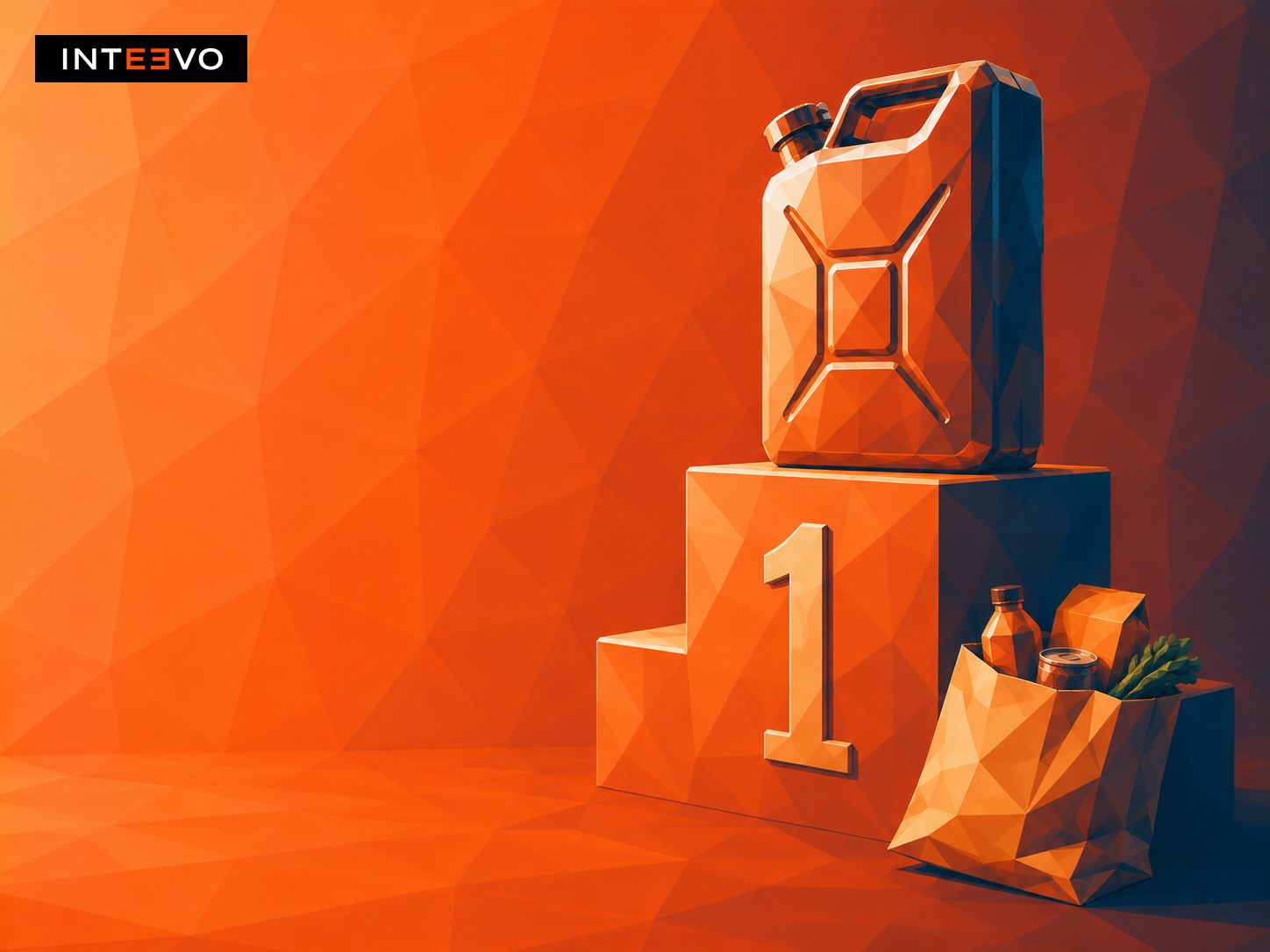 a fuel can on a winner's podium beside a bag of shopping.